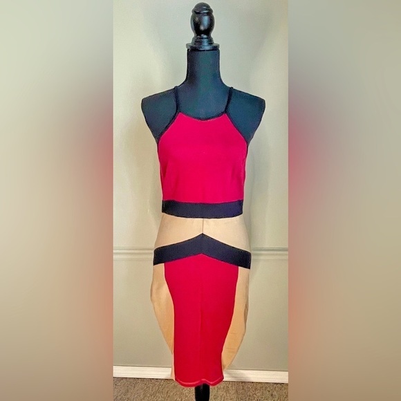 MADRAG Halter Neck Color Block Bodycon Midi Dress Size L - Picture 1 of 7